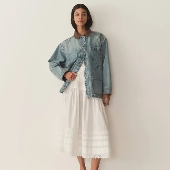 NWT Doen Pascual Cotton Denim Jean Corduroy Collar Barn Jacket Deveraux Wash - Picture 3 of 15